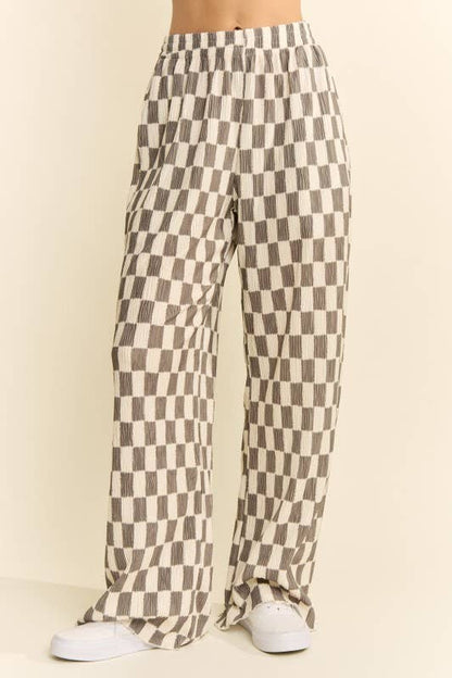 Retro Checkered Wide Leg Pants - Olive + Cream
