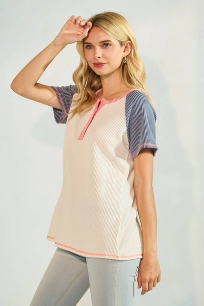 Color Block Button Front Raglan Short Sleeve Top T5954