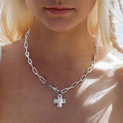 Hammered Cross Front Necklace - Silver Or Gold
