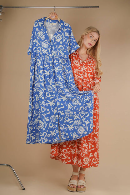 ND31583-Oversized Printed Shirt Midi Dress