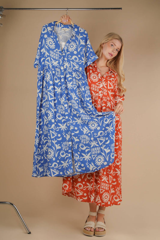 ND31583-Oversized Printed Shirt Midi Dress