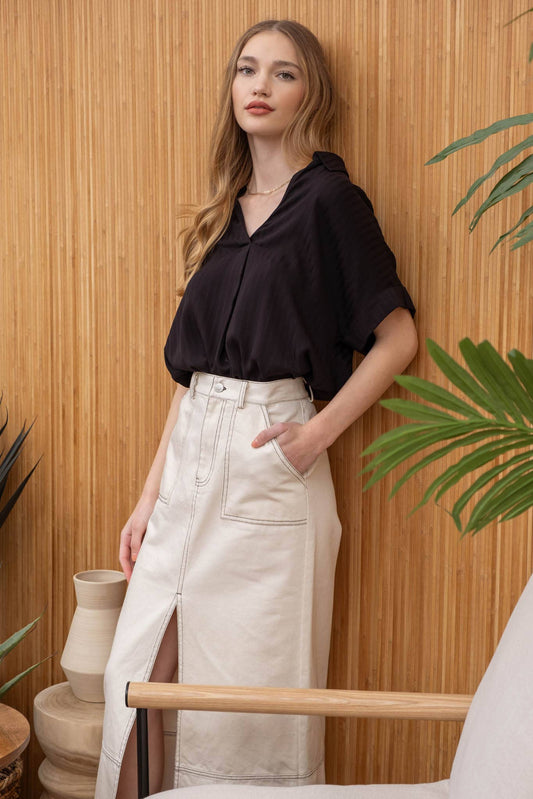 STRIPED COLLARED SPLIT NECK BLOUSE