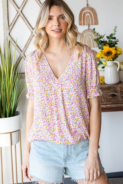 Tiny Flower Print V-Neck Ruffled Puff Sleeve Blouse T5051