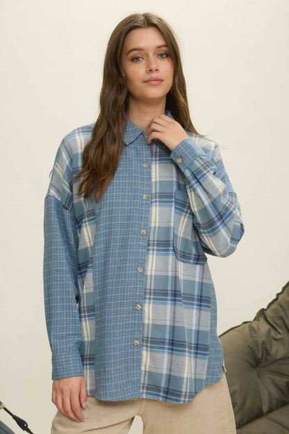 COLORBLOCK PLAID LONG SLEEVE BUTTON DOWN SHIRT