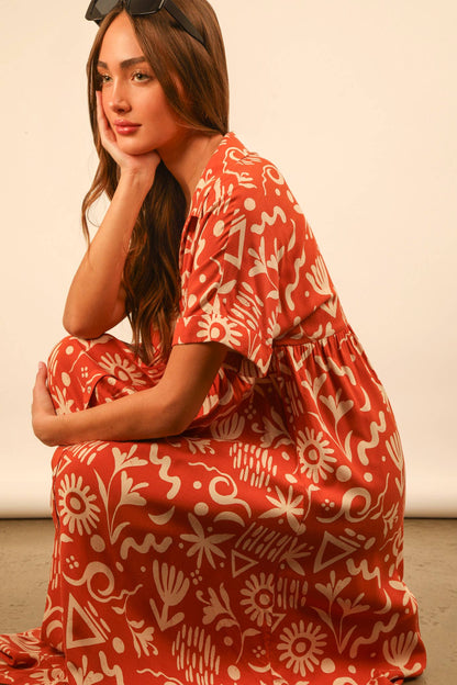 ND31583-Oversized Printed Shirt Midi Dress