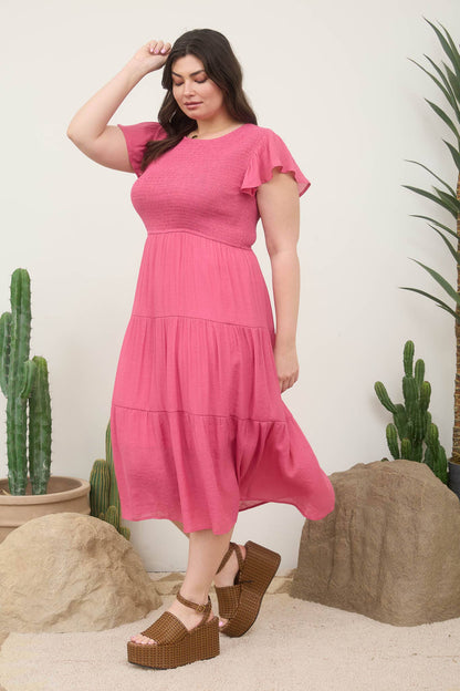 PLUS SMOCKED TIERED MIDI DRESS