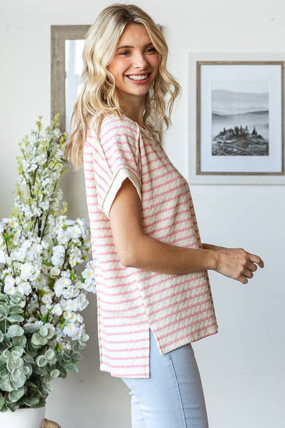 Pink Stripe Textured Short Sleeve Top