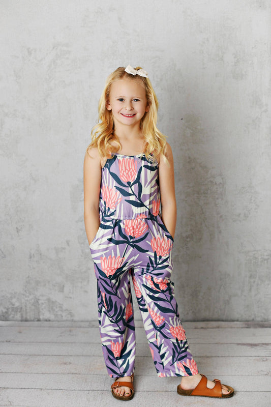 Kids Navy Lavender Floral Summer Jumpsuit With Pocket