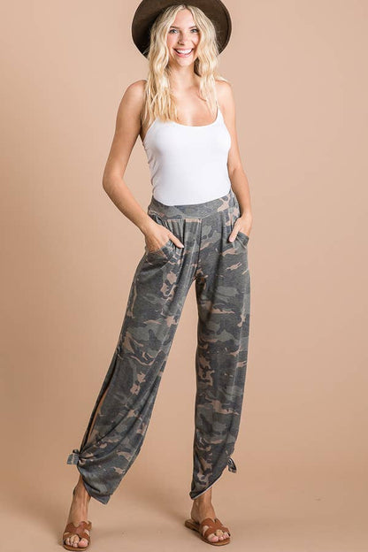 Camo Print Split Side Ankle Tie Women's Casual Pants P3585