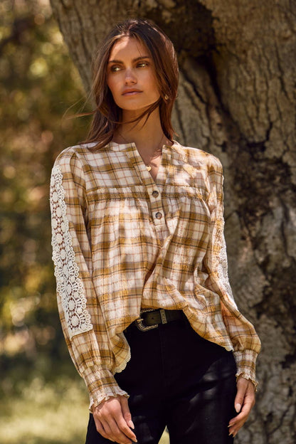 Lace& Plaid Combo Long Sleeve Blouse