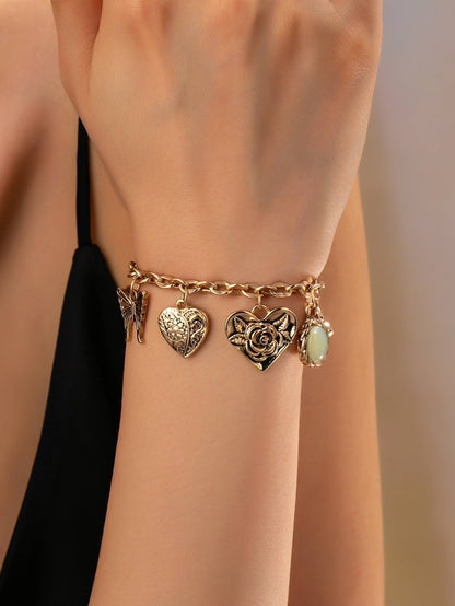 Gold Charm Bracelet with Hearts & Flowers