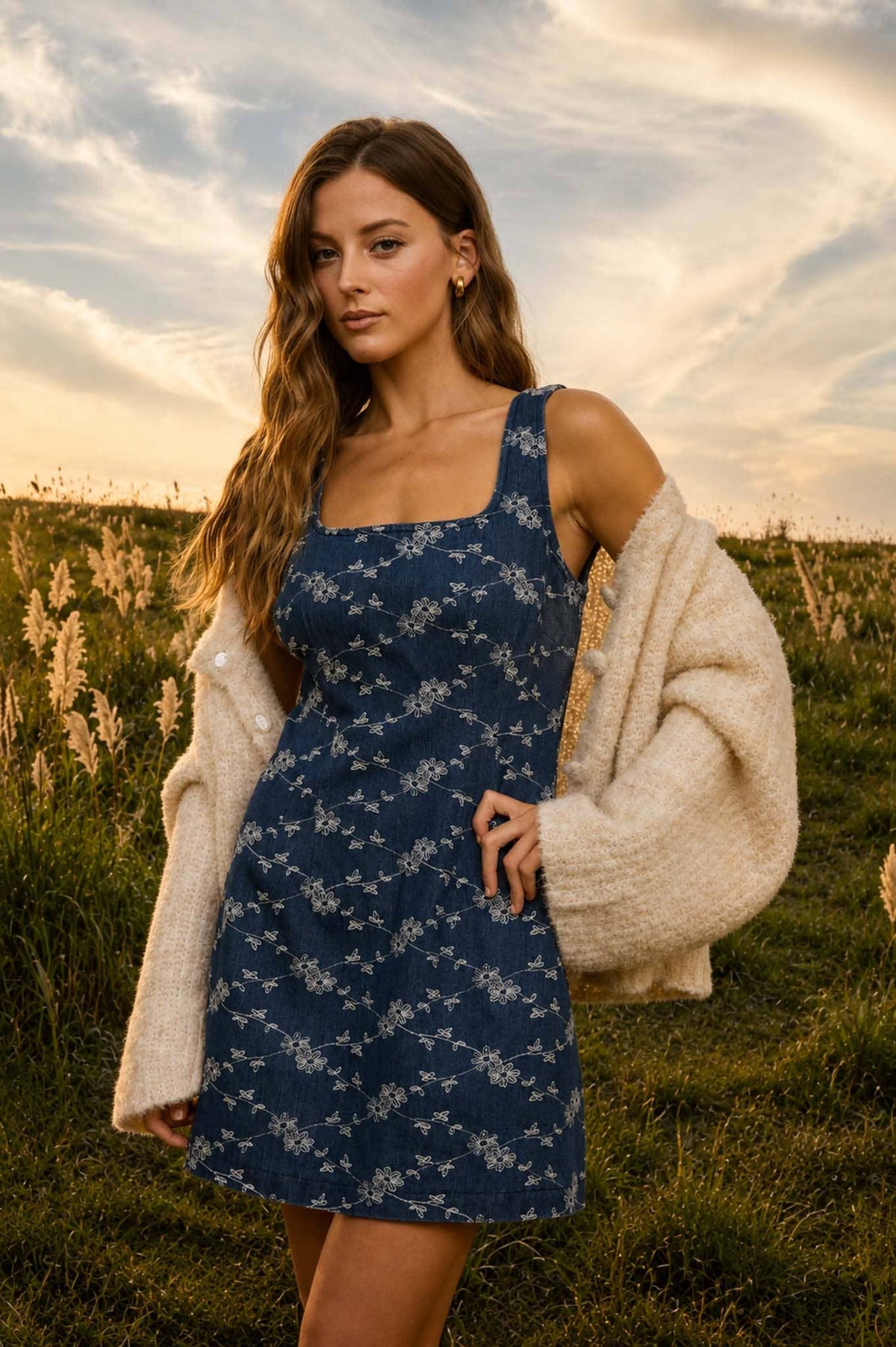 Blu Pepper - Floral Embroidery Denim Mini Dress