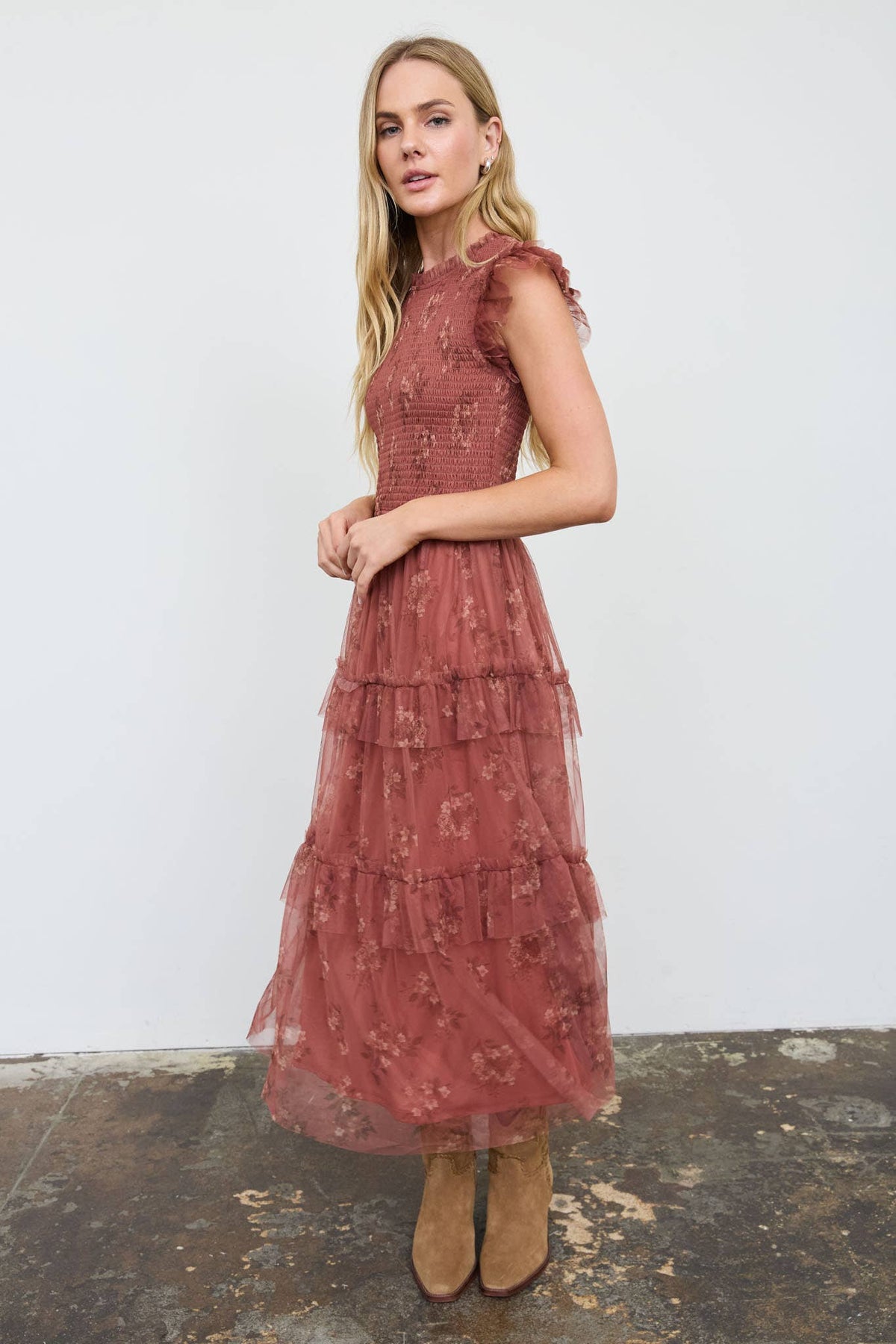 Blu Pepper - Smocked Ruffle Tiered Floral Midi Dress - Terracotta