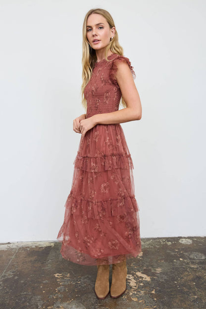 Blu Pepper - Smocked Ruffle Tiered Floral Midi Dress - Terracotta