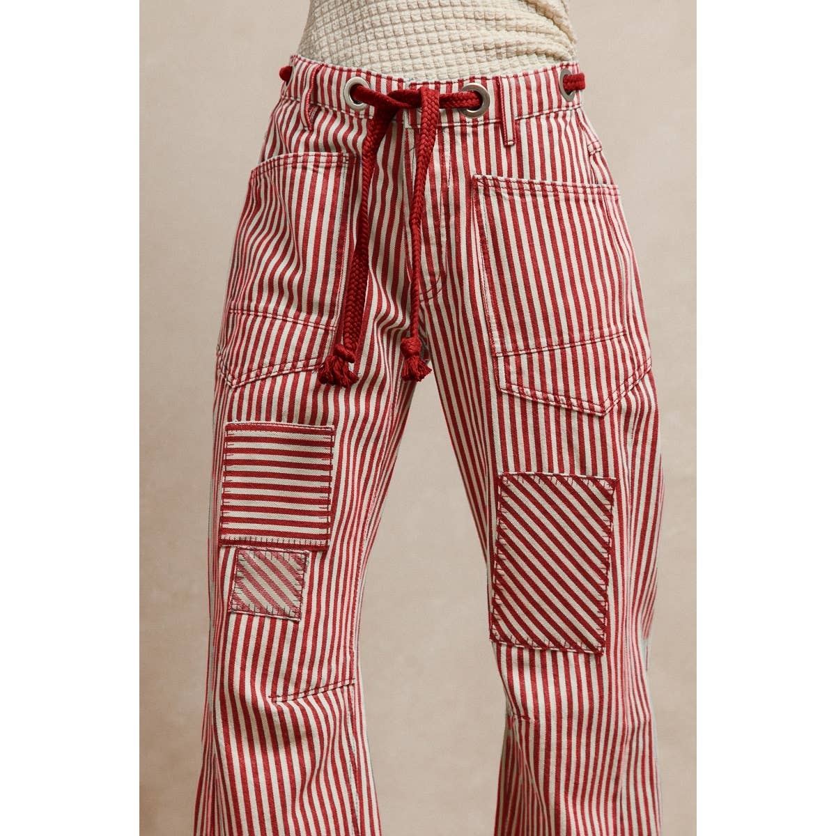 Striped Twill Barrel Pants - Red