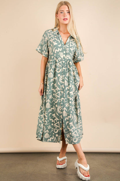 ND31583-Oversized Printed Shirt Midi Dress