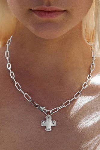 Hammered Cross Front Necklace - Silver Or Gold