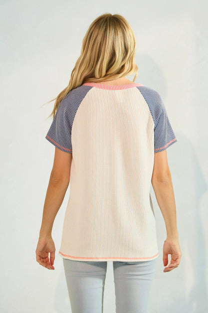 Color Block Button Front Raglan Short Sleeve Top T5954