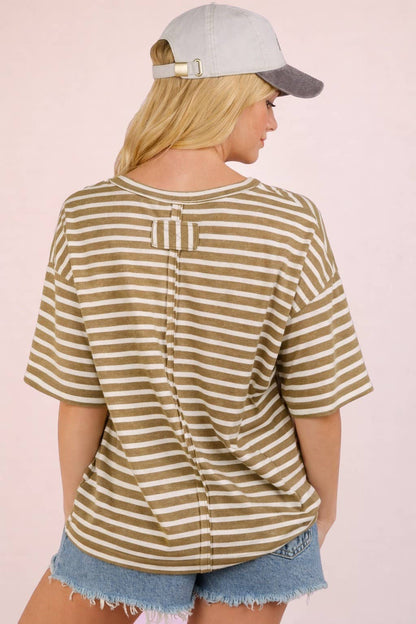 Oversized Olive Stripe V-Neck Knit Top