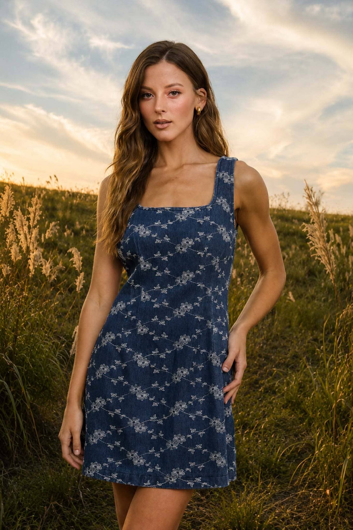 Blu Pepper - Floral Embroidery Denim Mini Dress
