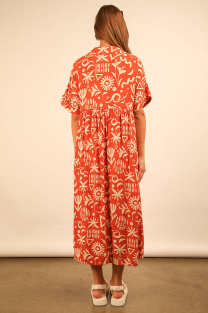 ND31583-Oversized Printed Shirt Midi Dress
