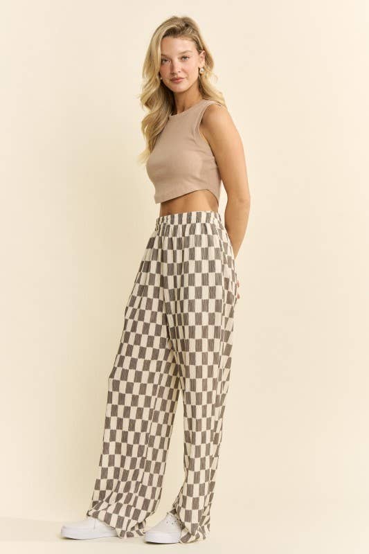 Retro Checkered Wide Leg Pants - Olive + Cream