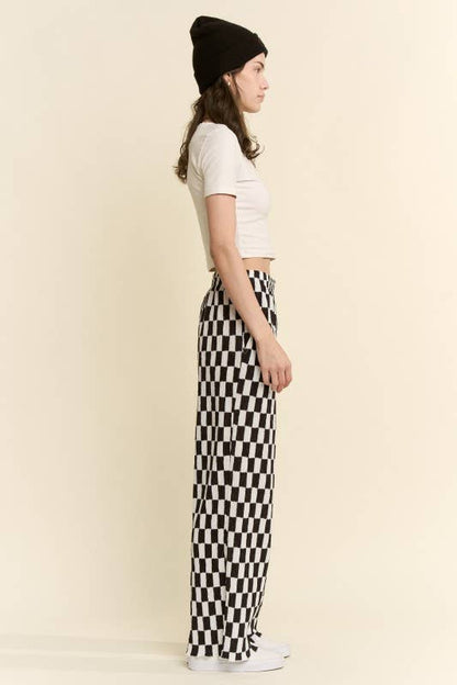 Retro Checkered Wide Leg Pants - Brown + Black