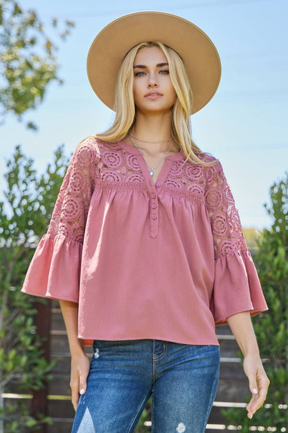 Solid Airflow Lace Trimed Bell Sleeve Blouse