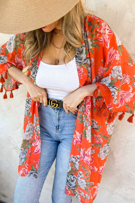Coral Floral Print 3/4 Sleeve With Tassel Chiffon Kimono