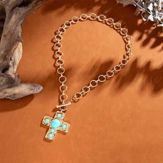 Hammered Cross Front Toggle Necklace