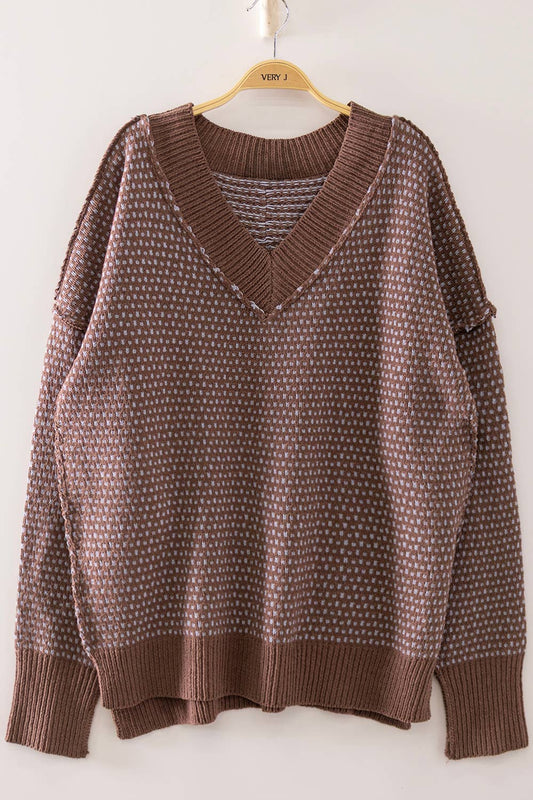 New Me - Contrast Stitch Reversible V-Neck Sweater - Brown