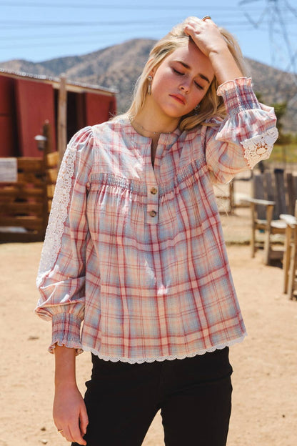 Lace& Plaid Combo Long Sleeve Blouse