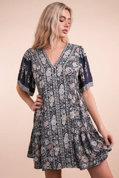Shirring Detail Printed Woven Mini Dress