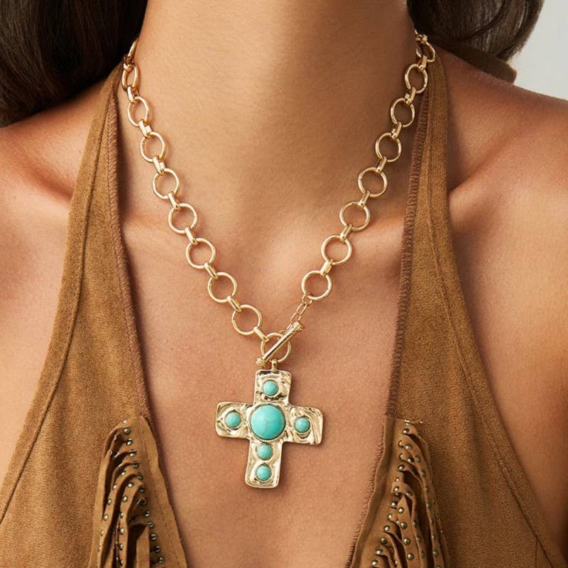 Hammered Cross Front Toggle Necklace
