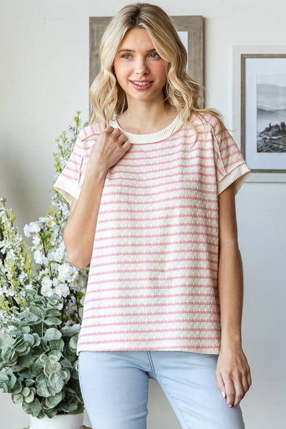 Pink Stripe Textured Short Sleeve Top