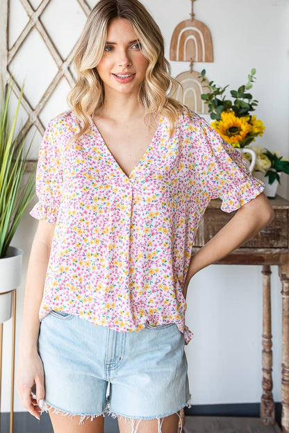 Tiny Flower Print V-Neck Ruffled Puff Sleeve Blouse T5051
