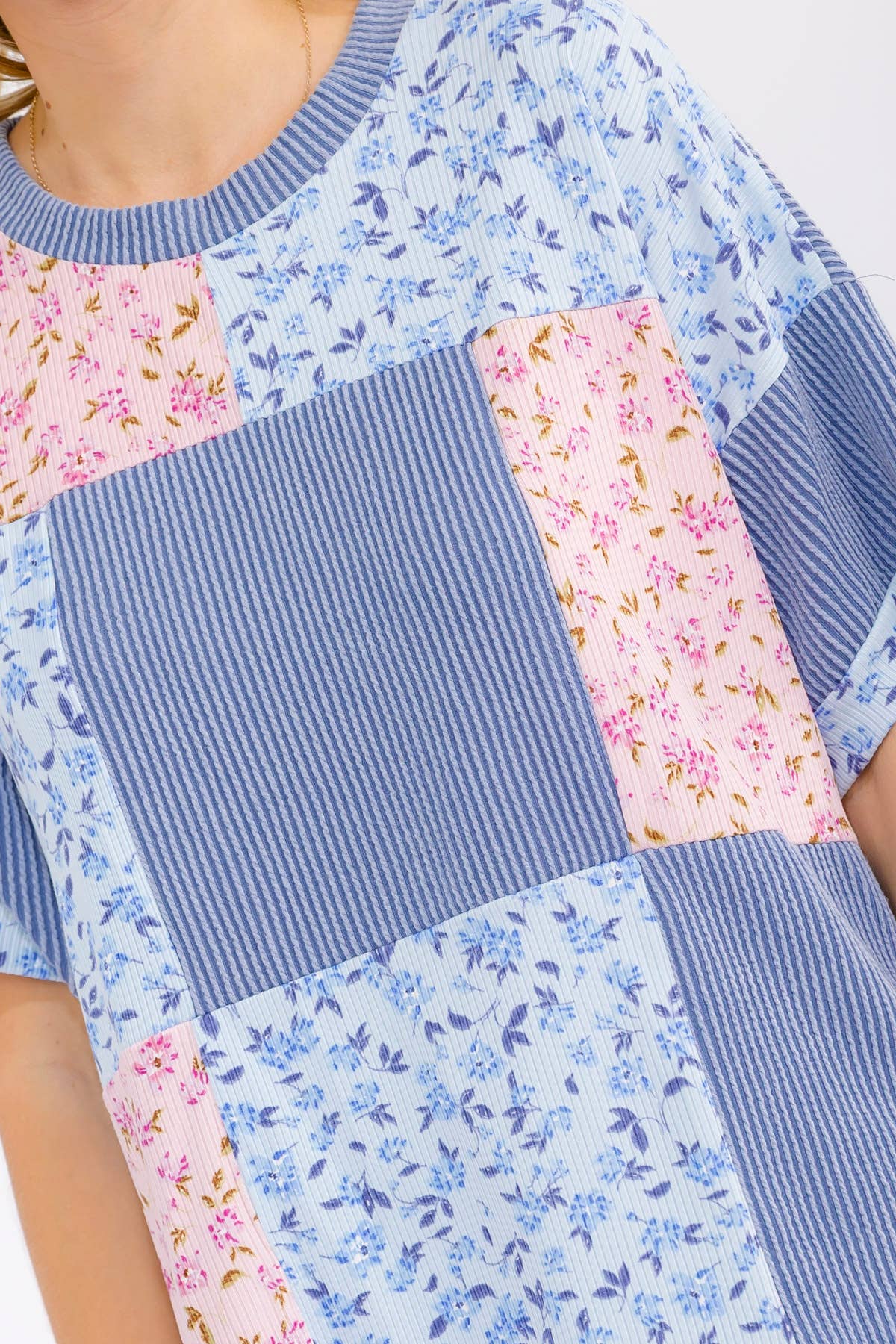 Floral Patchwork Short Sleeve Top Blue