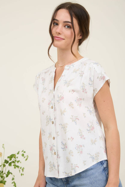 STRIPE FLORAL SHORT SLEEVE BUTTON DOWN TOP