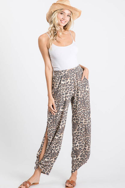 Leopard Print Lightweight Split Side Ankle Tie Pants P3377