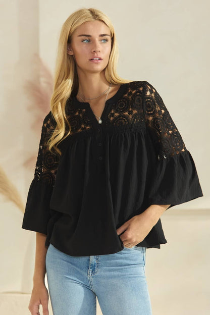 Solid Airflow Lace Trimed Bell Sleeve Blouse