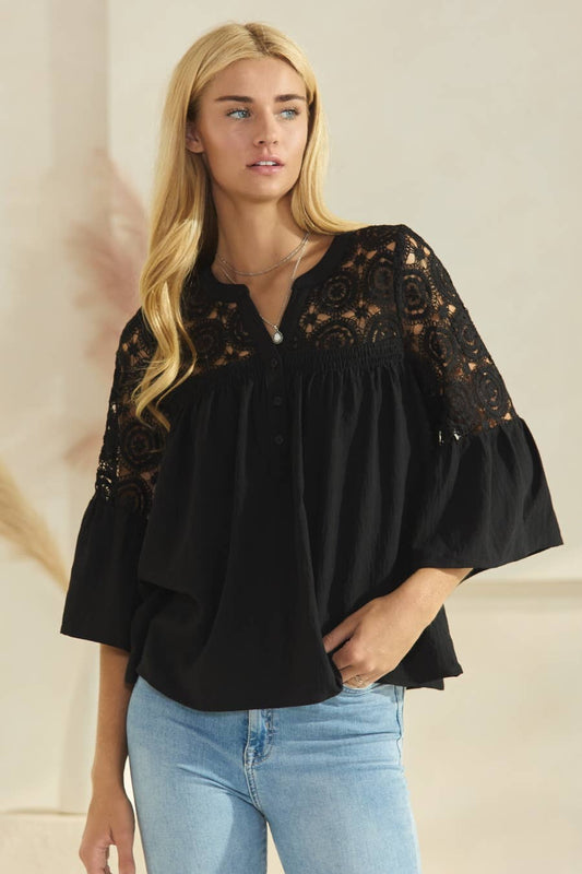 Solid Airflow Lace Trimed Bell Sleeve Blouse