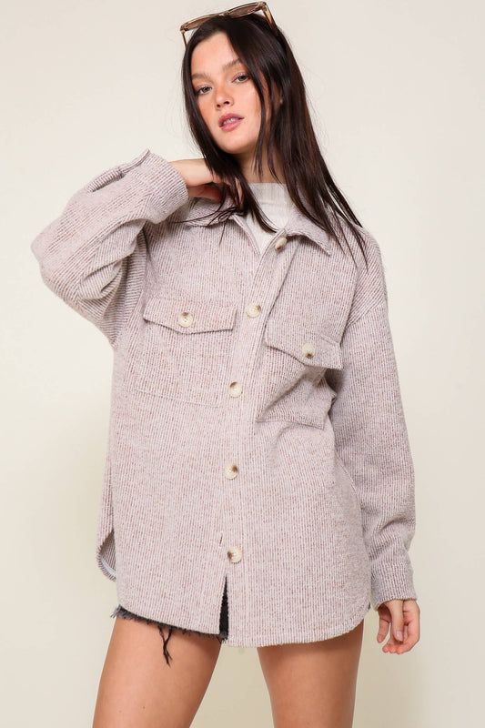 Long Sleeve Button Down Brushed Waffle Shacket - Light Brown