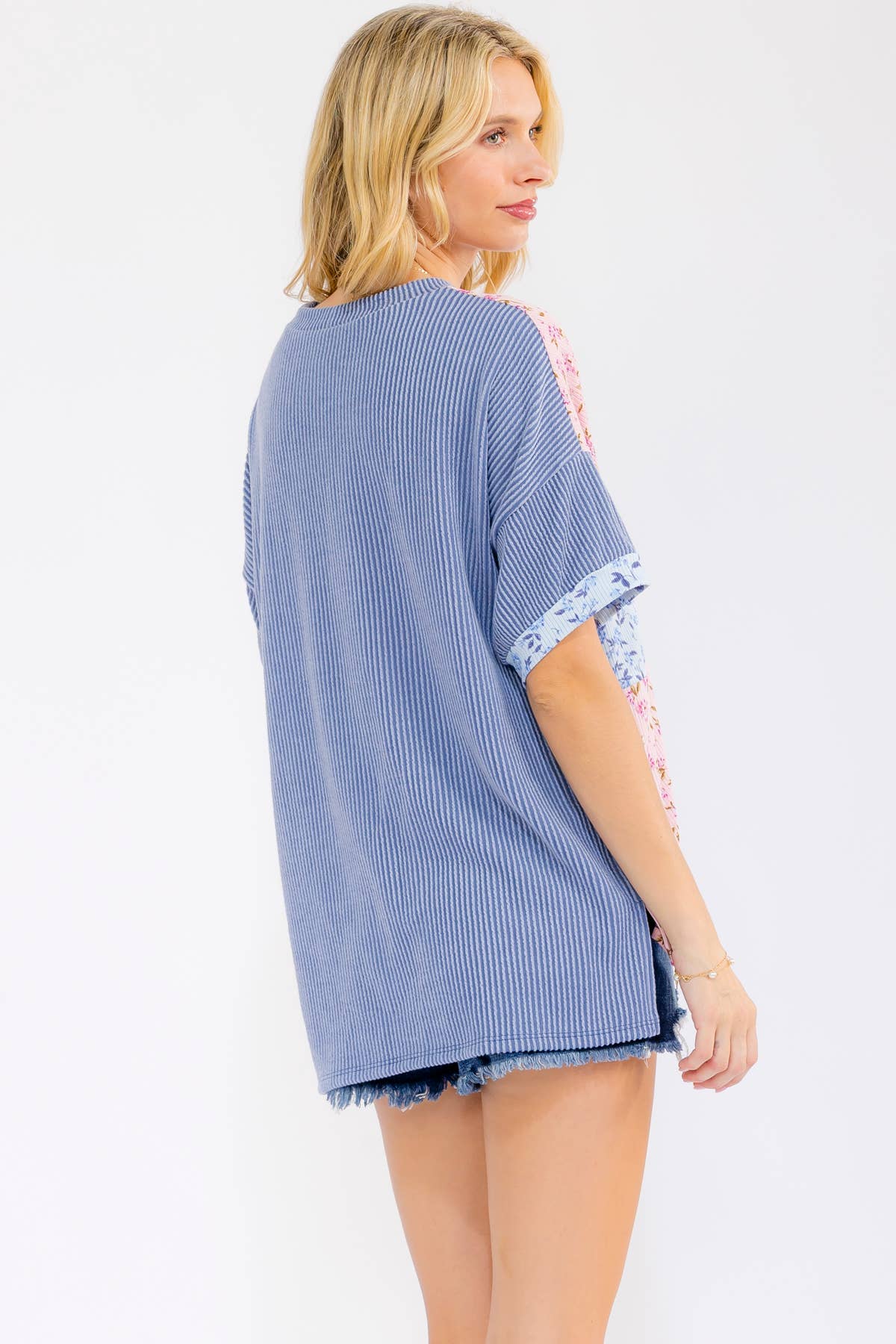 Floral Patchwork Short Sleeve Top Blue
