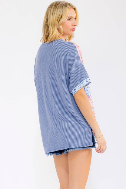 Floral Patchwork Short Sleeve Top Blue