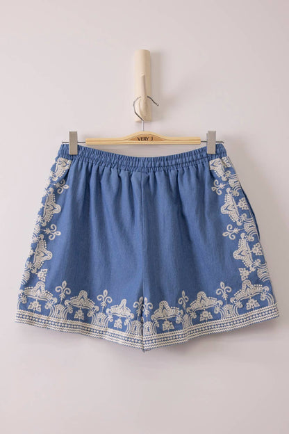 Washed Chambray Embroidered Shorts