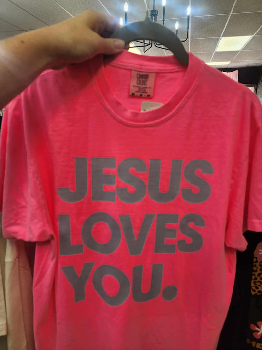 Jesus Love You Graphic Tee - Neon Pink