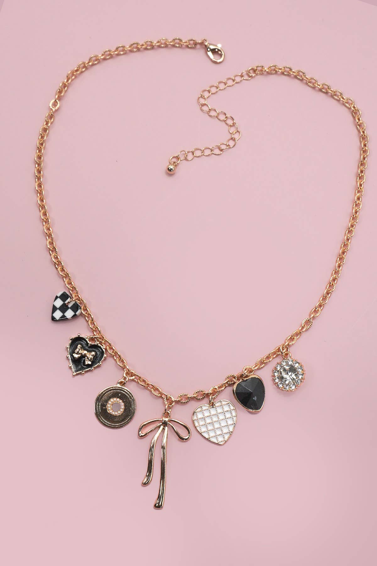Charm Necklace Bow Checkered Heart