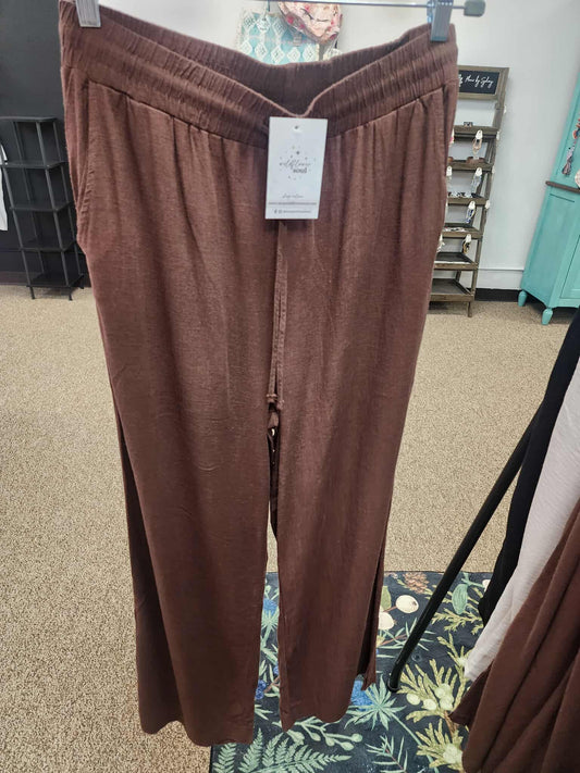 Full Length Linen Pant with Small Side Slit Detail - Dark Brown