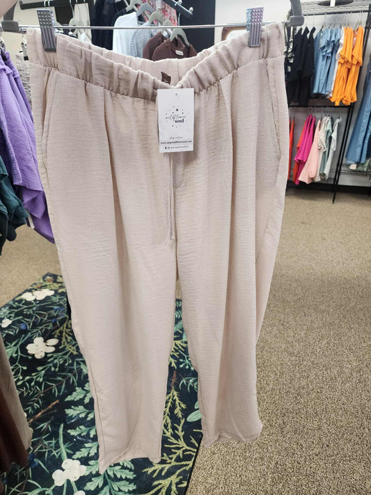 Tapered Leg Ankle Crop Linen Pant - Beige