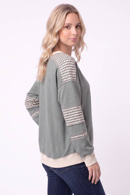 7th Ray - Color Block Houndstooth Contrast Sweatshirt